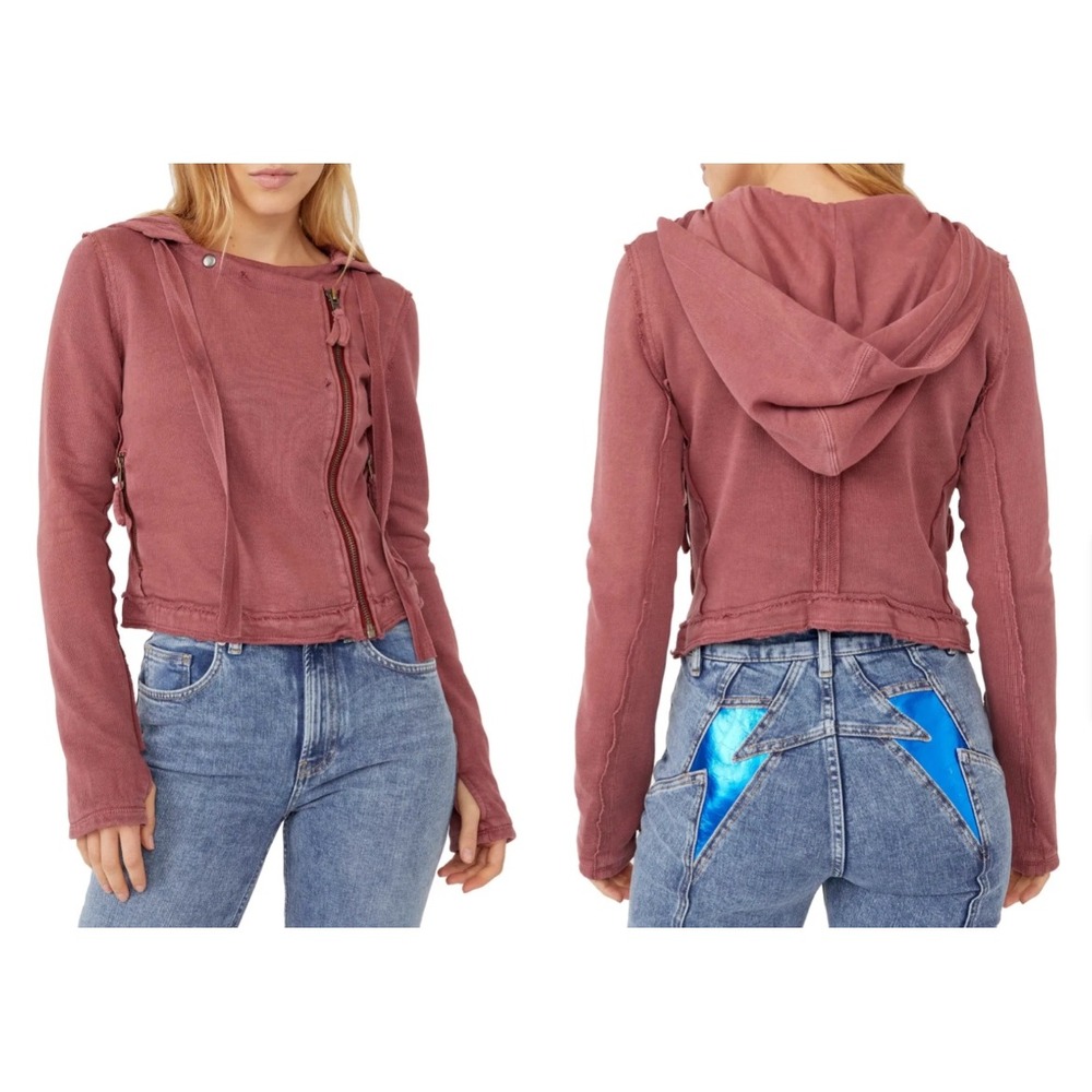 Free People‎ We The Free You Asked For It Asymmetrical Moto Hoodie Jacket Pink S